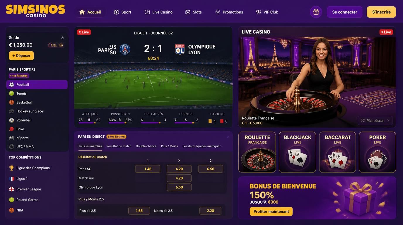 Vue d’ensemble d’un match en direct avec options de paris sportifs et Live Casino.