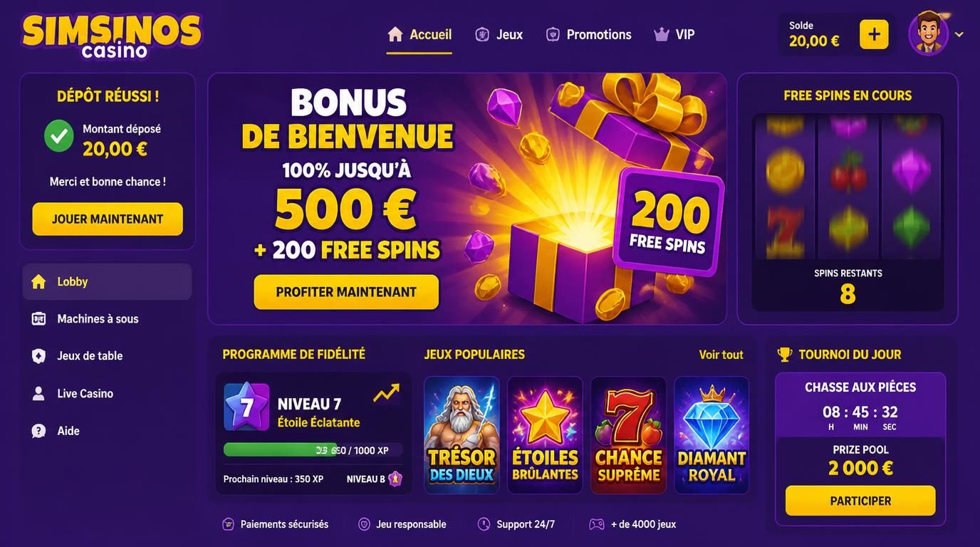 Un joueur heureux effectuant son premier dépôt à 20 € avec affichage du bonus d’accueil et des free spins.