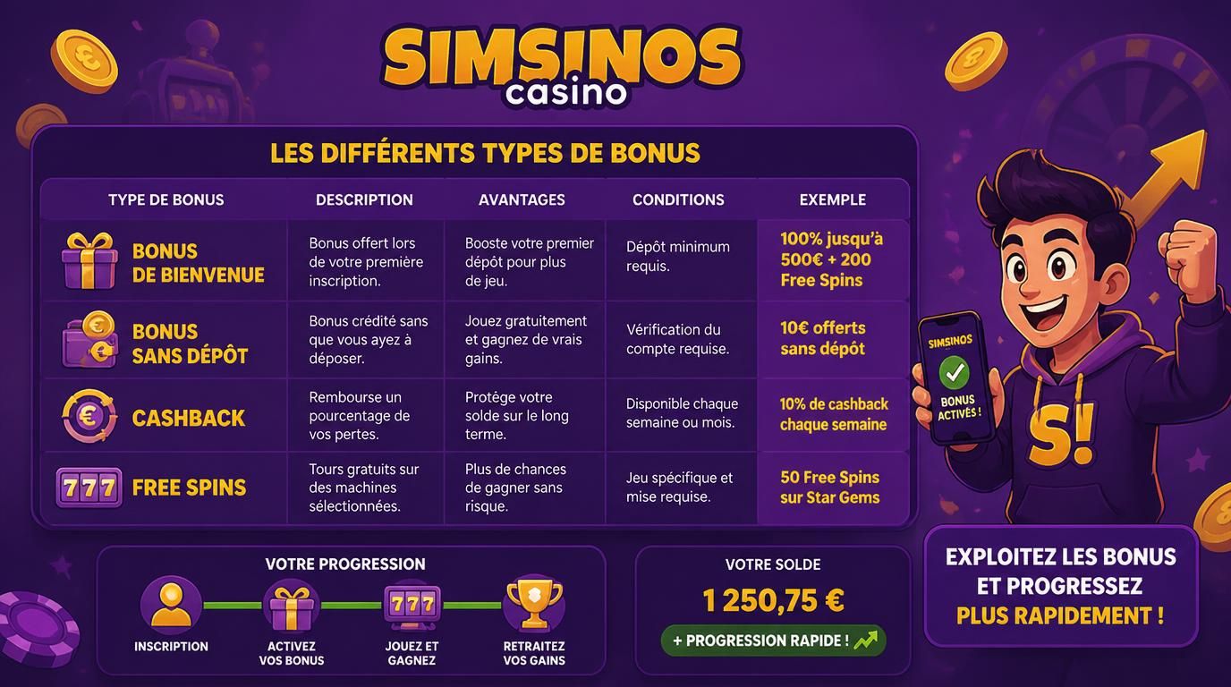Tableau comparatif des bonus avec icônes correspondantes, joueur utilisant tous les types pour monter vite.