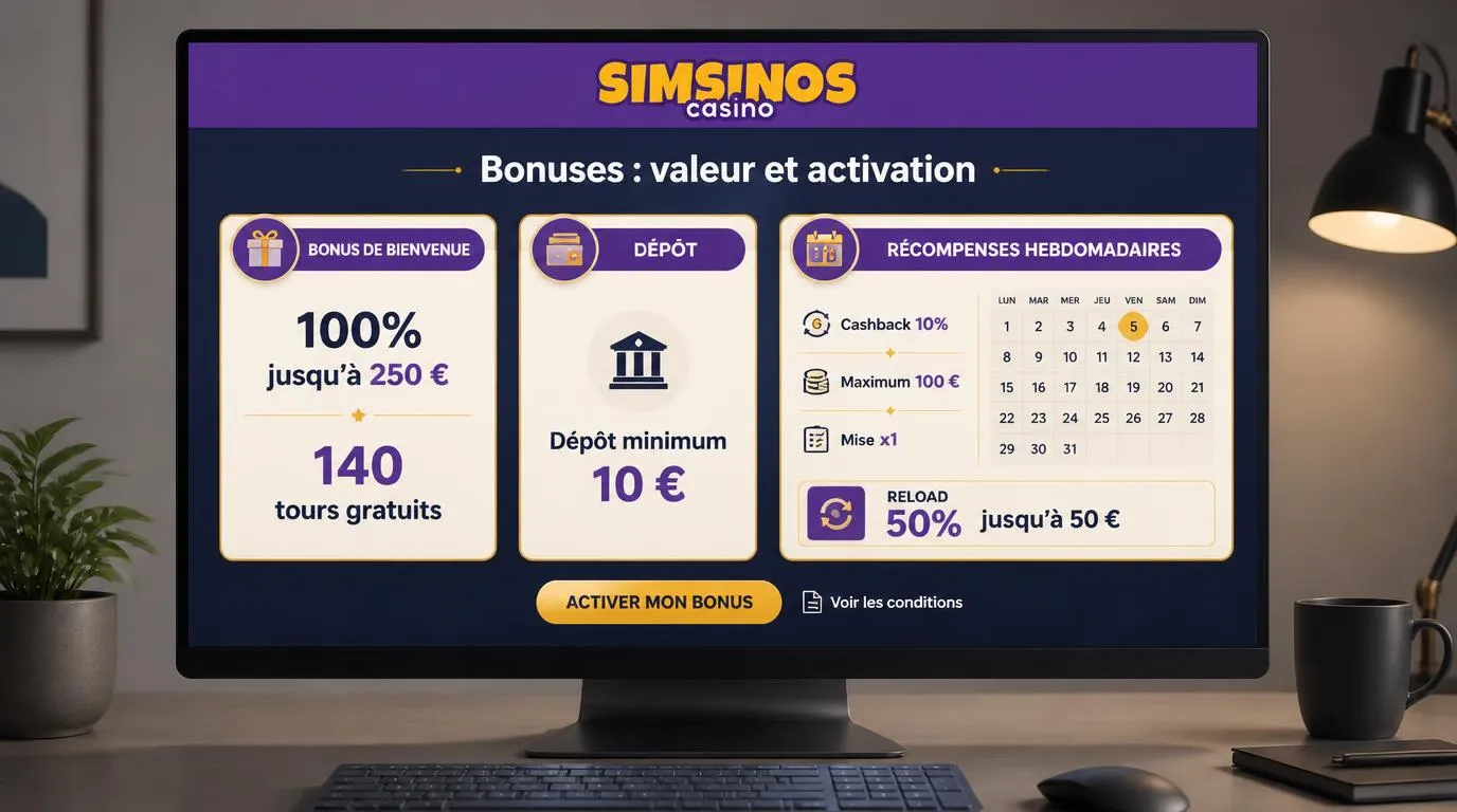Interface illustrative avec bonus de bienvenue, dépÎt minimum de 10 ⏠et calendrier des récompenses hebdomadaires