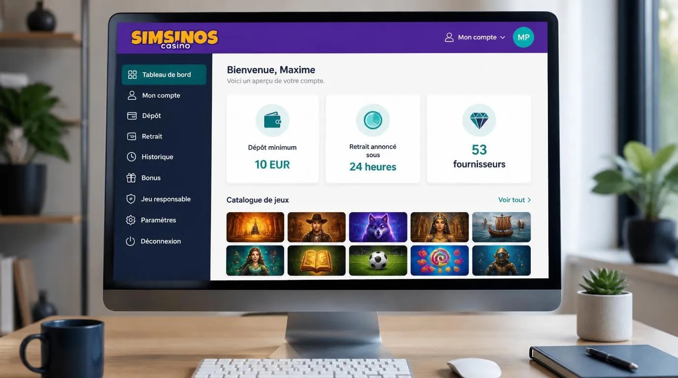 Interface de casino avec dépÎt de 10 EUR, retrait annoncé sous 24 heures et catalogue de 53 fournisseurs