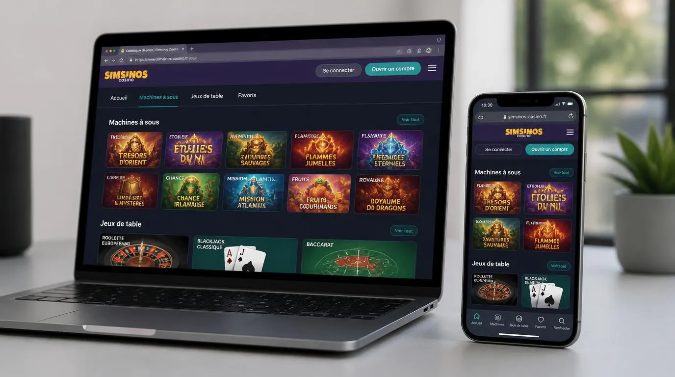 Ordinateur et smartphone présentant un catalogue de jeux de casino avec des commandes adaptées à chaque écran