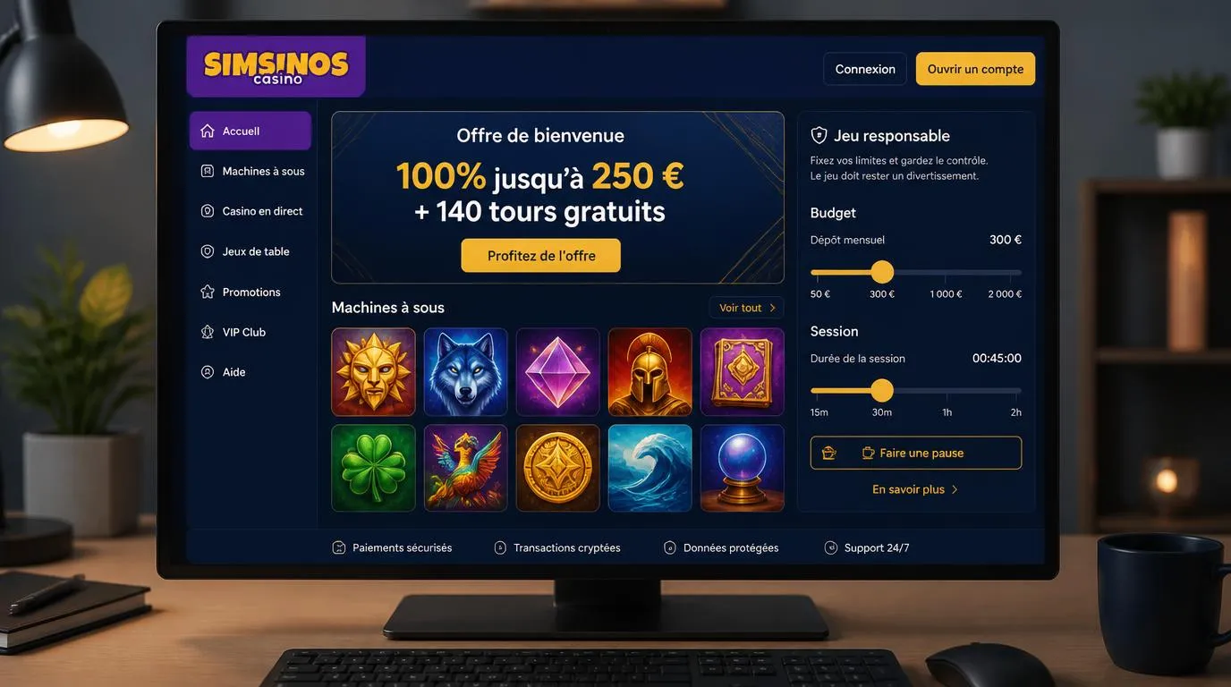 Interface de casino avec une offre de bienvenue, un catalogue de jeux et des réglages de budget
