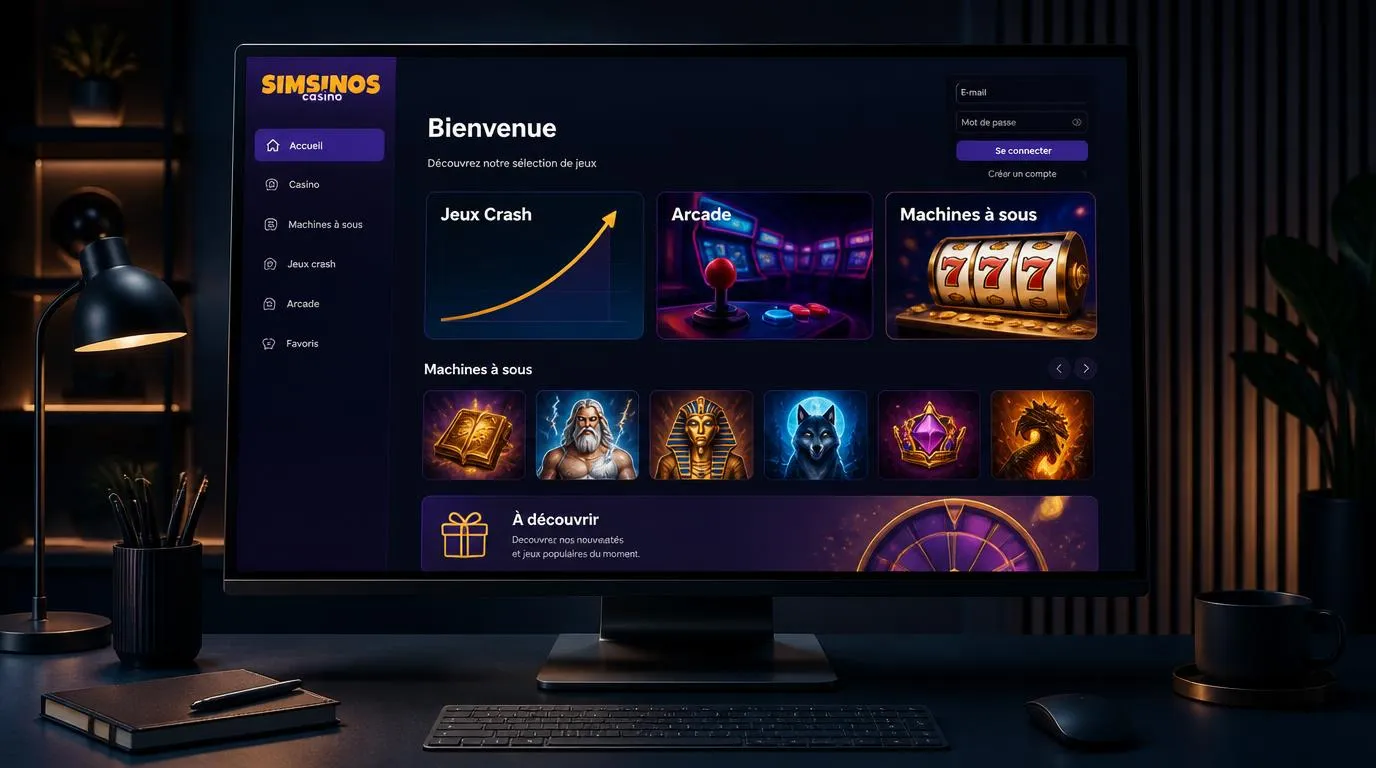 Interface de casino sur ordinateur avec catalogue de jeux organisé et espace de connexion visible